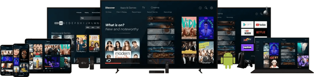 Movies and TV series libraries displayed across multiple IPTVOD devices